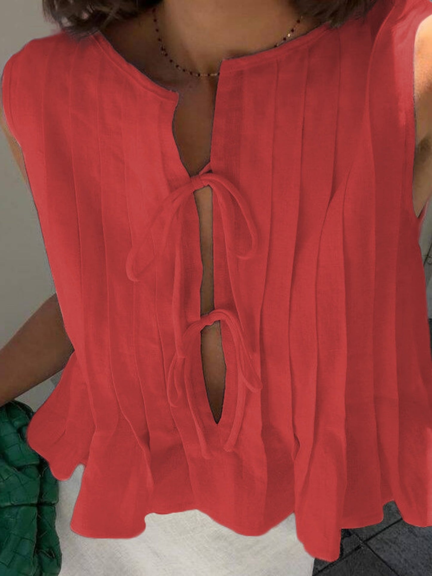 Cotton And Linen Straps Pleated Tank Tops