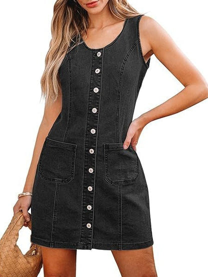 Sleeveless, Fitted Denim Button-down Short Dress With Patch Pockets