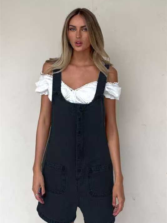 Straight-leg Denim Overalls Shorts