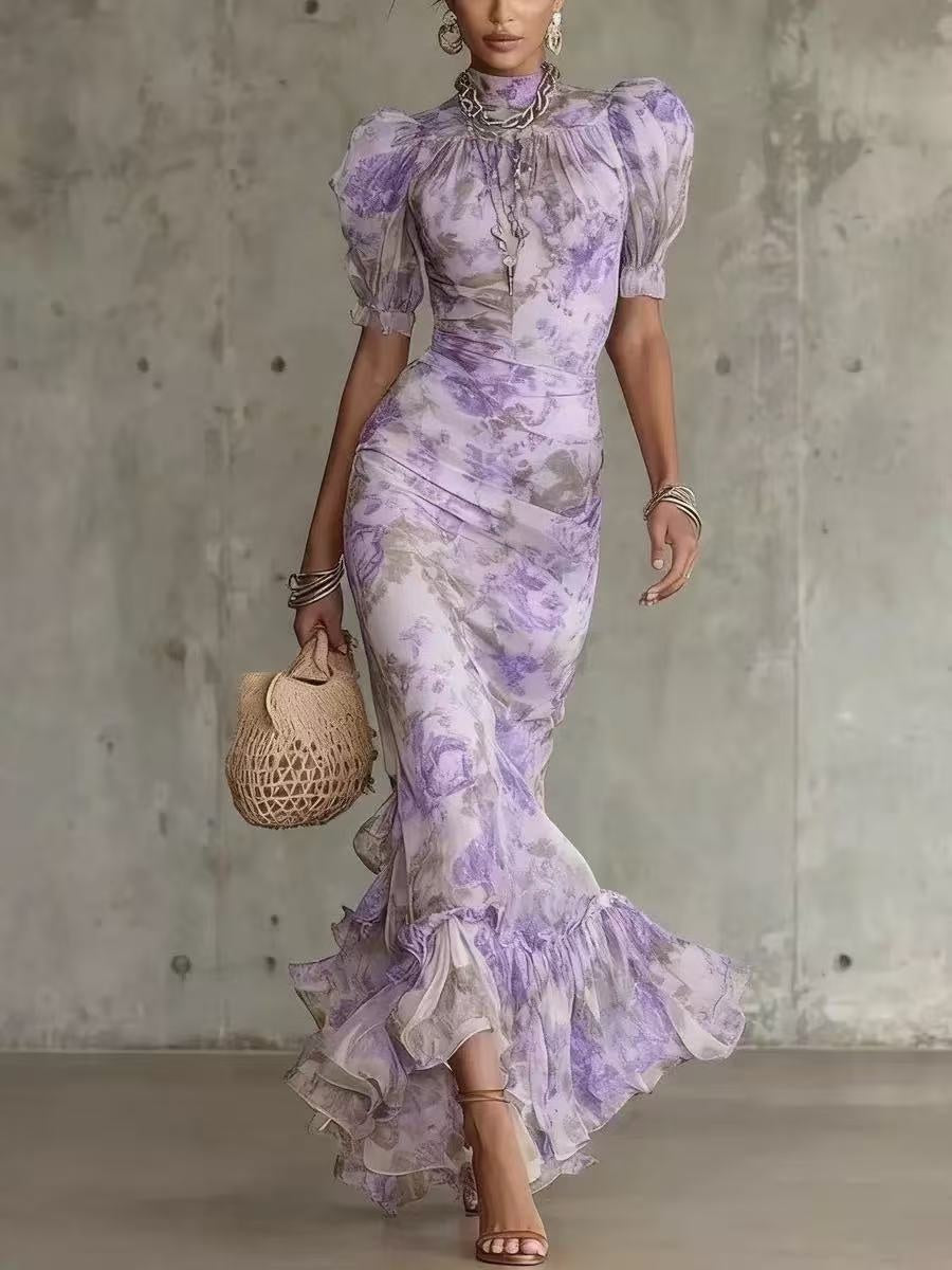 Floral Ruffles, Puff Sleeves, Cinched Waist Maxi Dresses