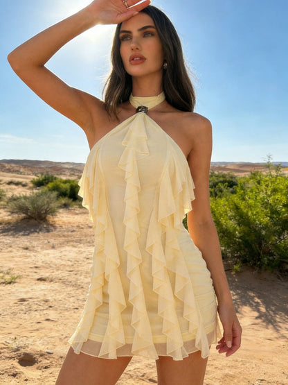 Halter Ruffle Hip-hugging Formal Dress Vacation Mini&Short Dresses