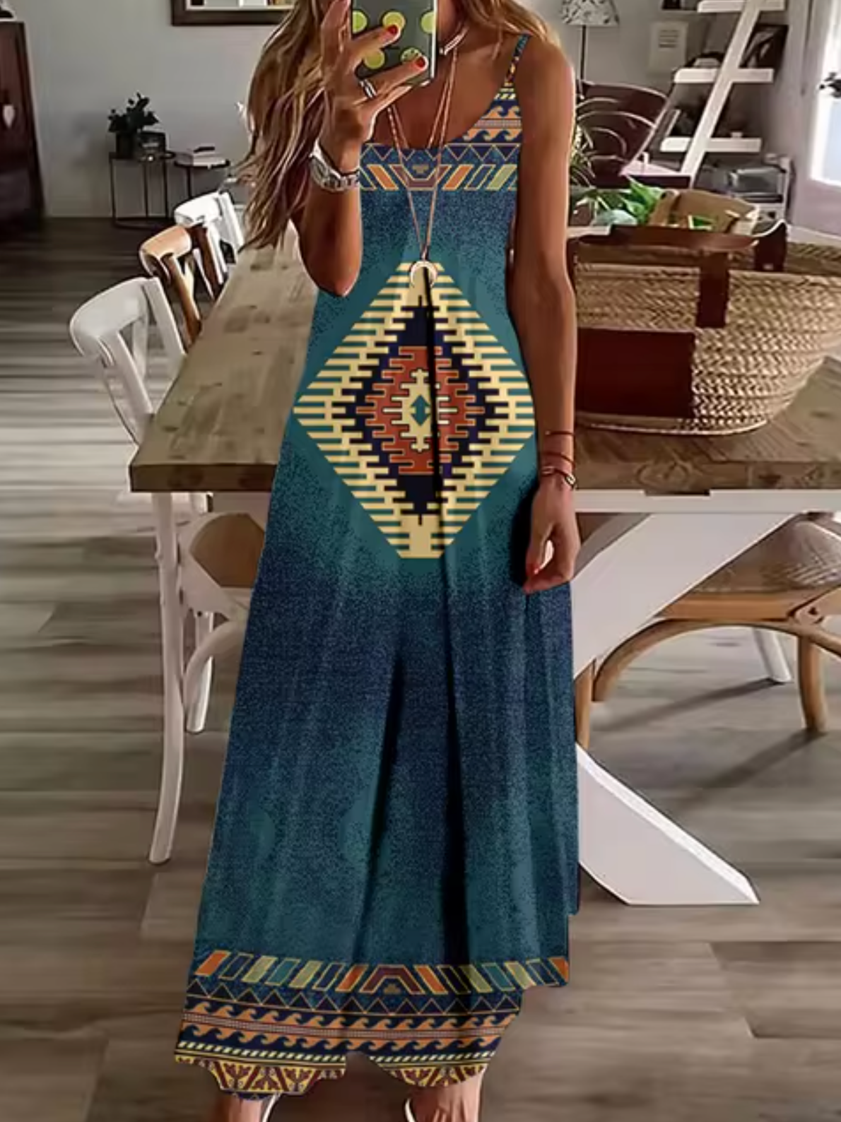 Deep V-Neck Turtle Dreamcatcher Feather Print Spaghetti Strap Maxi Dress
