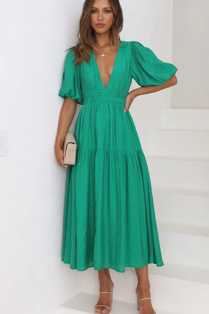 V Neck Puff Sleeve Smocked Empire Waist Tiered Midi Dress