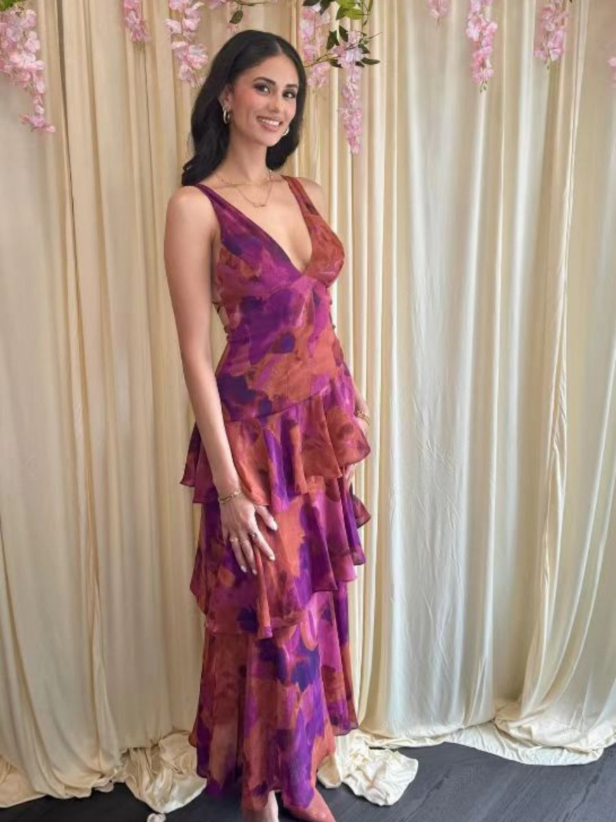 Floral Print Slim Fit Ruffled Spaghetti Strap Maxi Dress