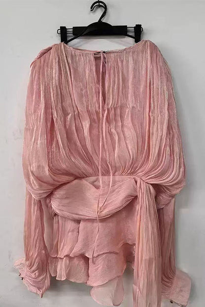 Margovil Lantern Long Sleeves Draped Ruffle Layered Mini Dress with Shorts