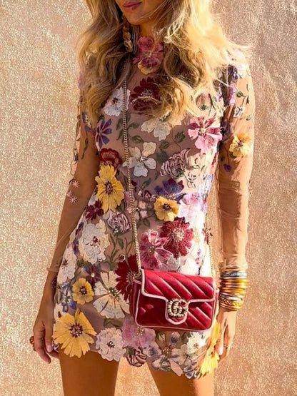 3D Floral Mesh Lace Embroidery Bodycon Slimming Sexy Dress