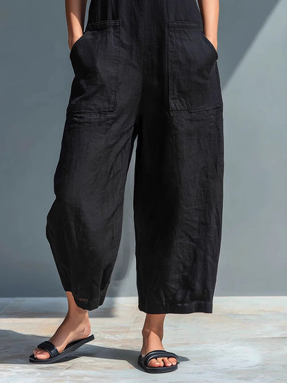 Simple Linen Blend Button-down Stand Collar Sleeveless Loose-fitting Jumpsuit