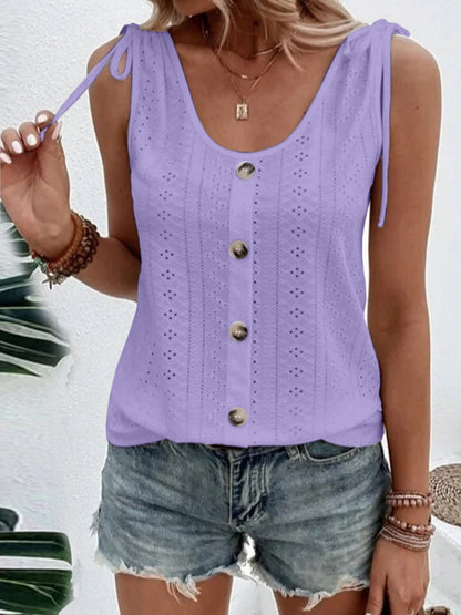 Jacquard Hollow Out Straps Buttons U-neck Vest