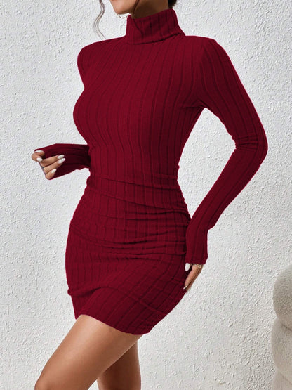 Knitting Turtleneck Long Sleeve Tight Fit Solid Color Pit Strip Mini&Short Dresses