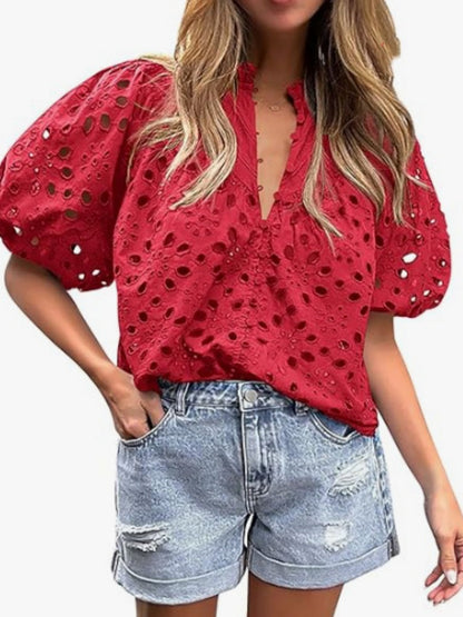 V-neck Buttons Hollow Lace Embroidery Shirts