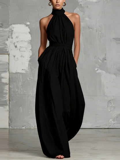 Waist-cinching Halter Neck Tie-up Pleated Jumpsuit