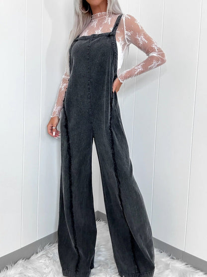 Washed Wide-leg Jumpsuit With Frayed Edges