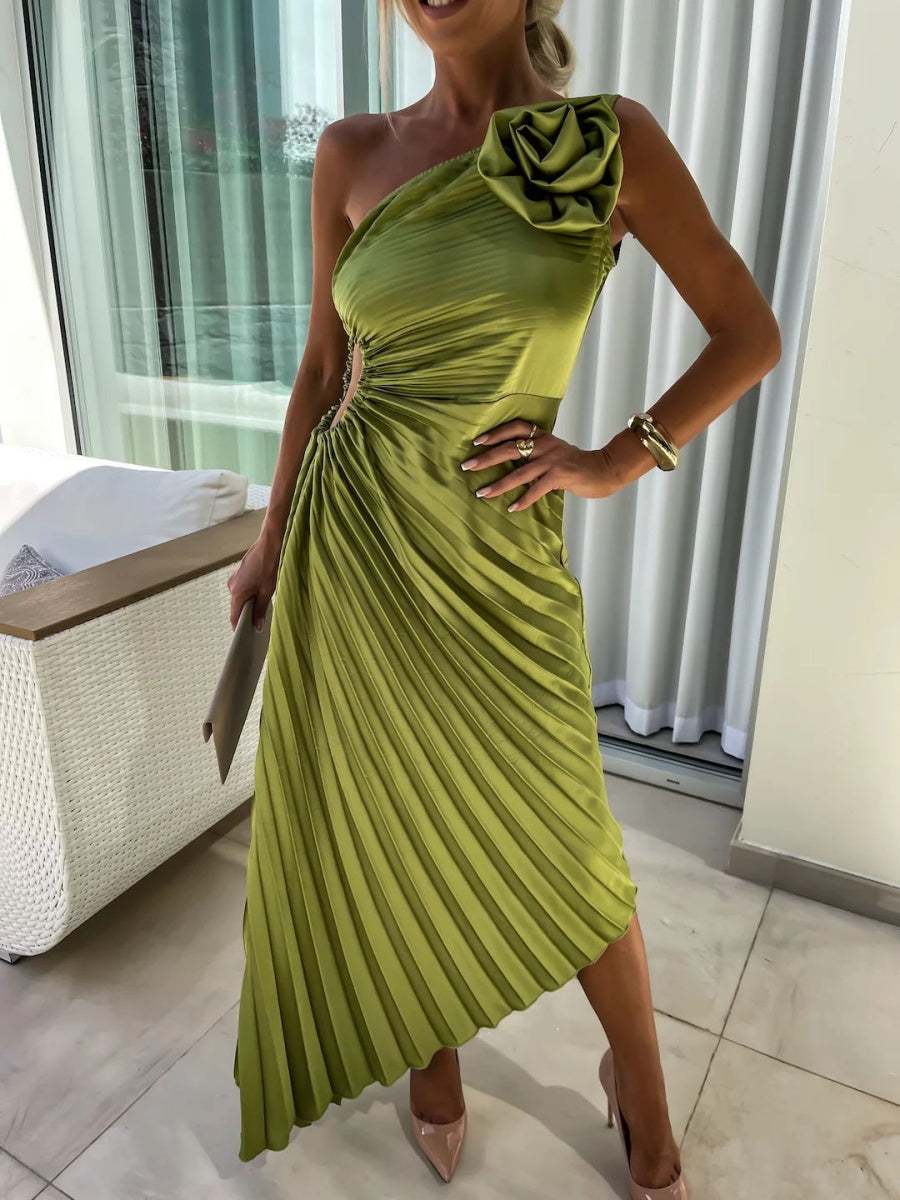 Sloping Shoulders Pleated Hollow Flowers Parties Bridesmaid Maxi Dresses