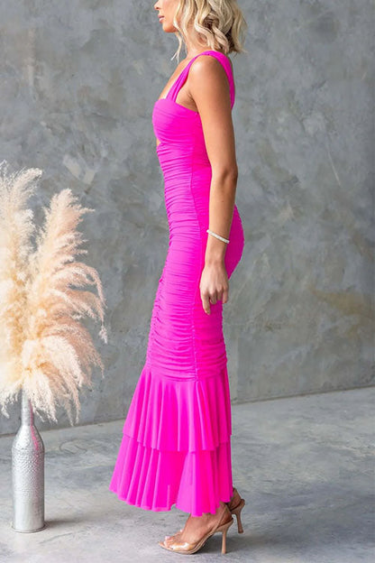 Margovil Sleeveless Cut Out Ruched Ruffle Bodycon Maxi Dress