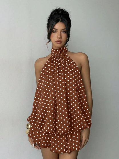 Halter Backless Lace Up Bud Polka Dots Mini&Short Dresses
