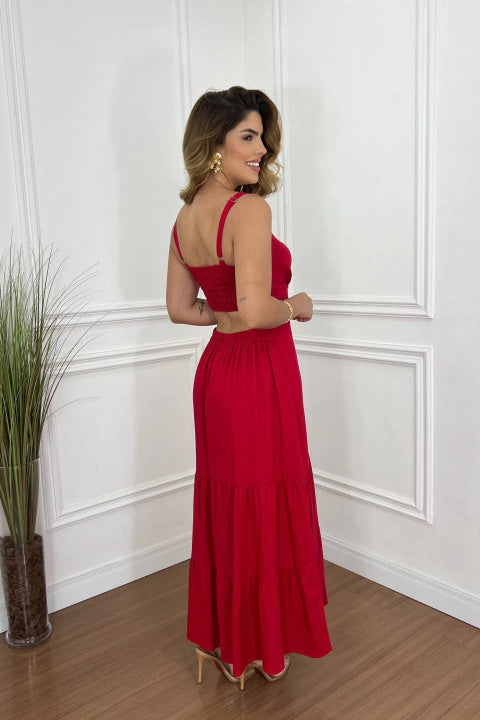 Spaghetti Strap Smocked Back Waist Cutout Tiered Maxi Dress