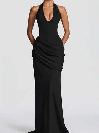Deep V Halter Backless Mopping Maxi Dresses