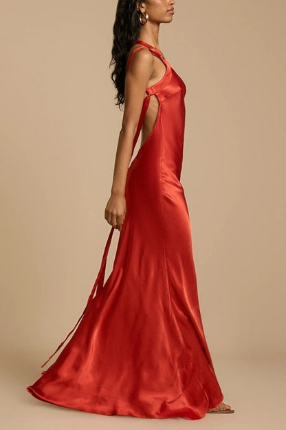 One Shoulder Backless Satin Maxi Party Dress