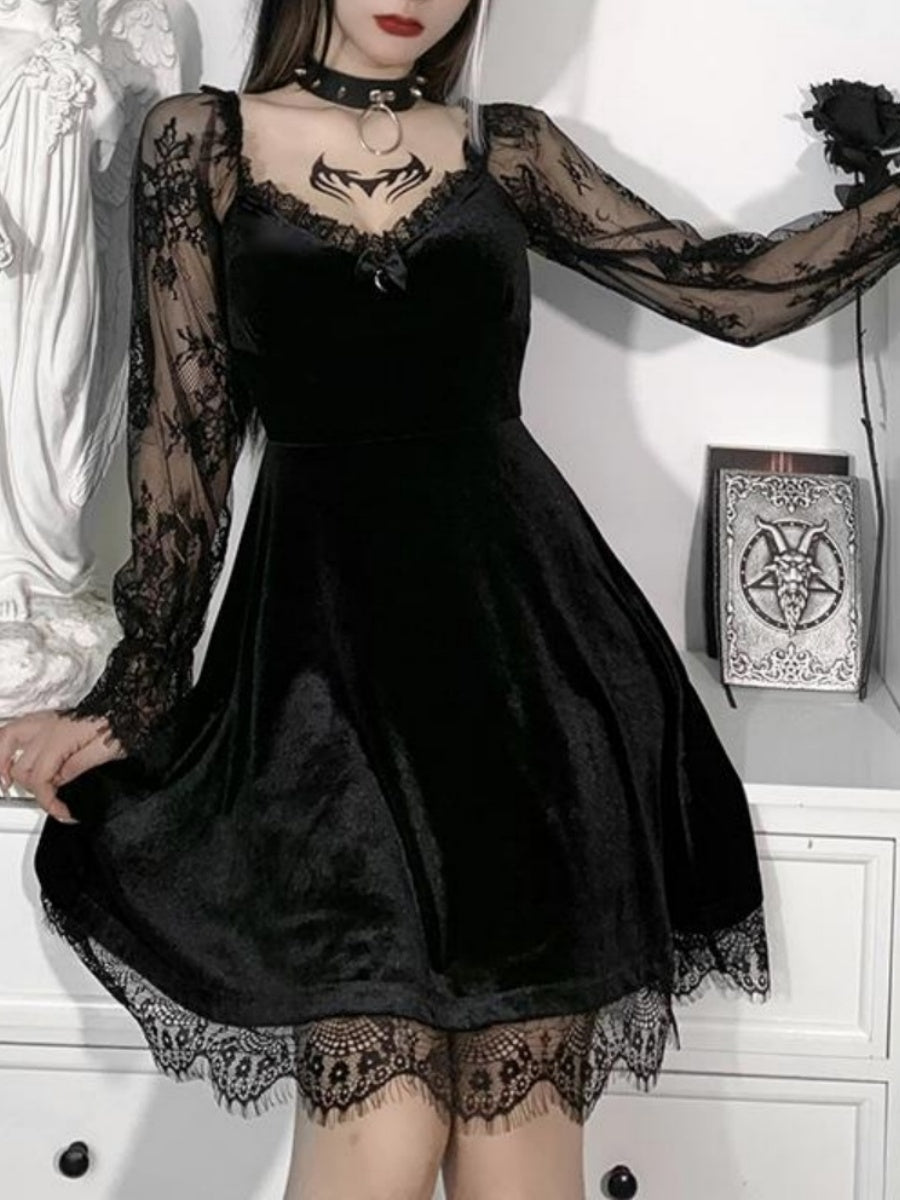 Lace Velvet Long Sleeve Midi Dresses