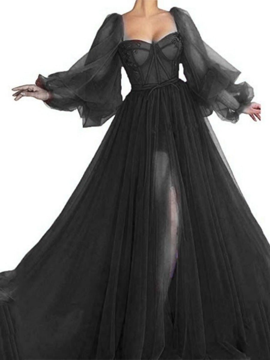 Herringbone Square Neckline With Mesh Slits And Wide Hem Maxi Dresses