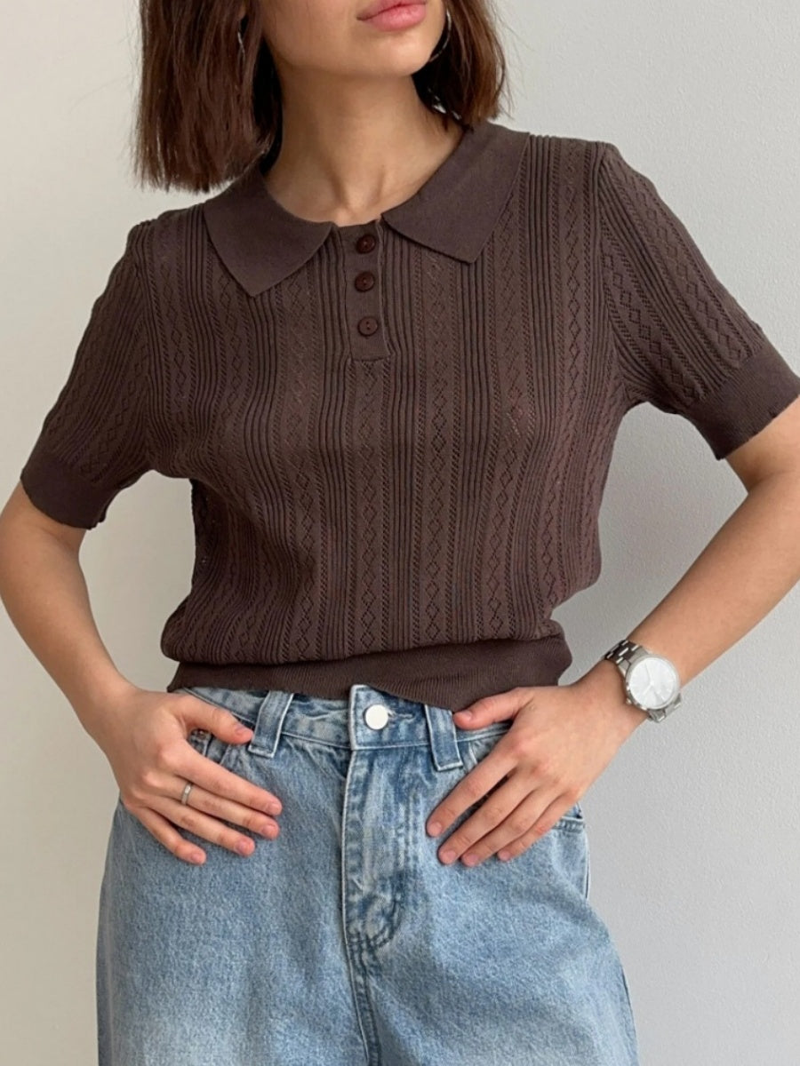 Hollow Crochet Lapel Short Sleeve Knitwear T-shirts