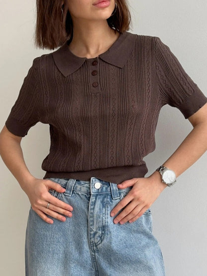Hollow Crochet Lapel Short Sleeve Knitwear T-shirts
