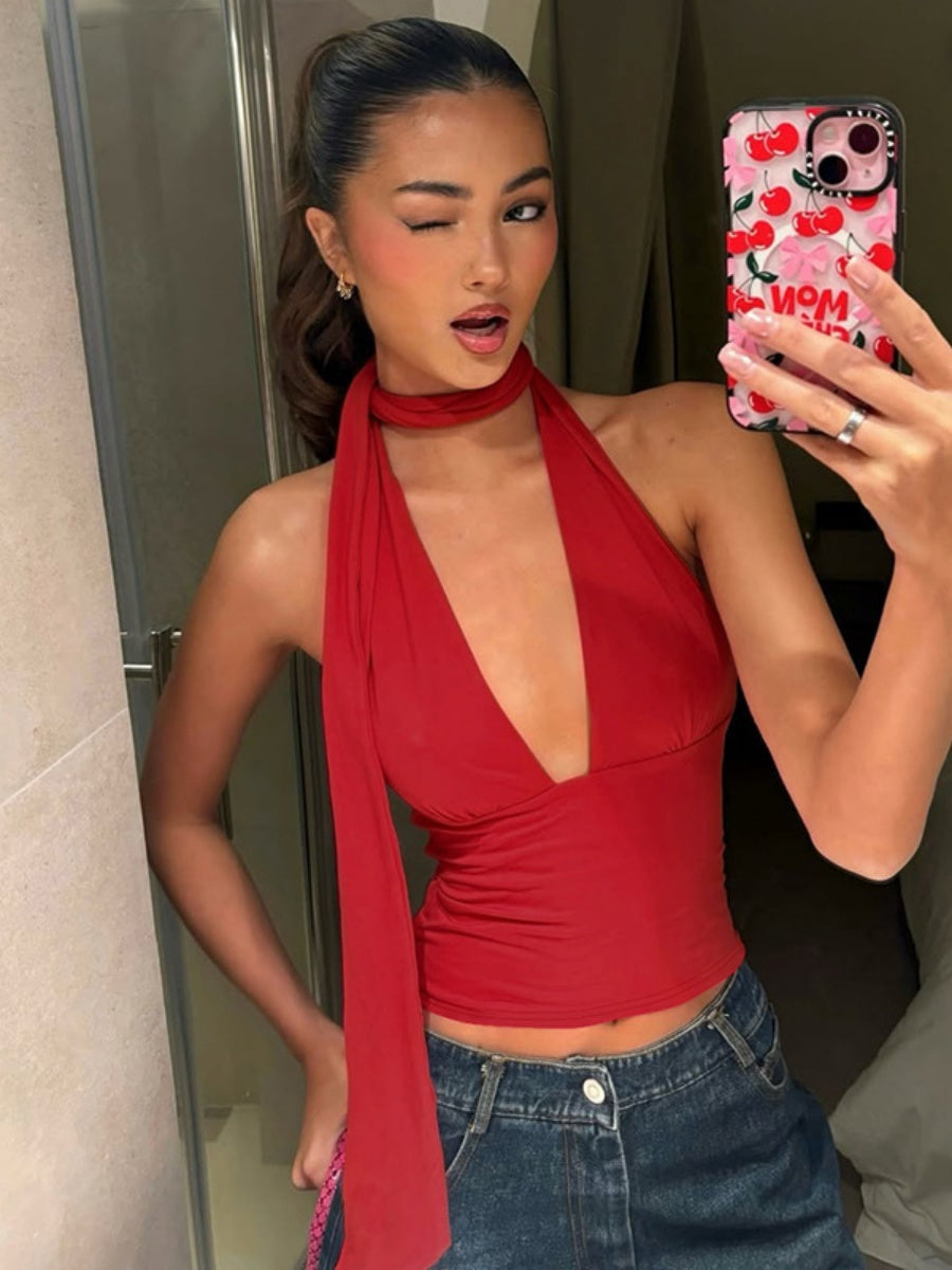 Deep V Backless Halter Jacket Tank Tops