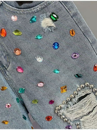 Rhinestone Frayed Denim Shorts