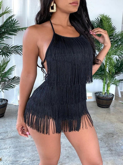 Sexy Backless Conjoined Twins Tassel Mini&Short Dresses