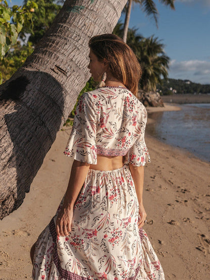 Deep V Neck Floral Print High Low Ruffle Lace Insert Maxi Dress