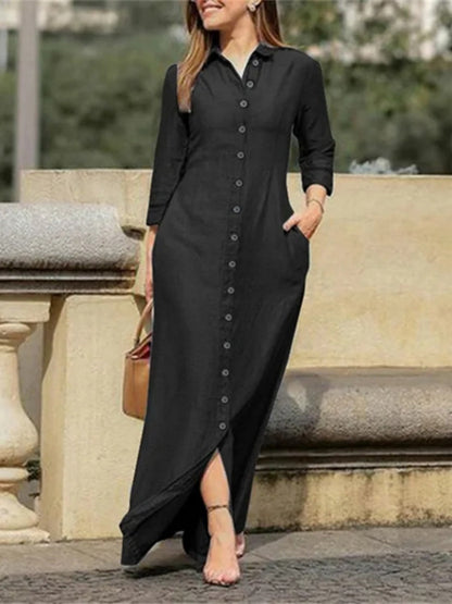 Shirt Collar, Pocket, Wide-hem Denim Maxi Dress