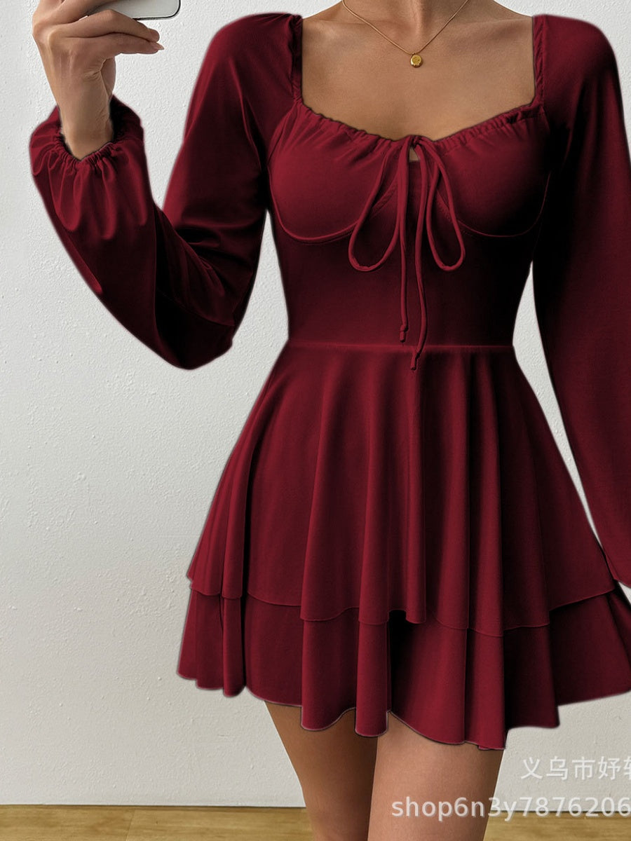 Temperament Grace Ruffle Long Sleeve Backless Lace Up Mini&Short Dresses