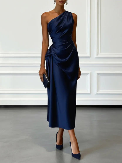 Off-the-shoulder Satin Pleated Midi Dress