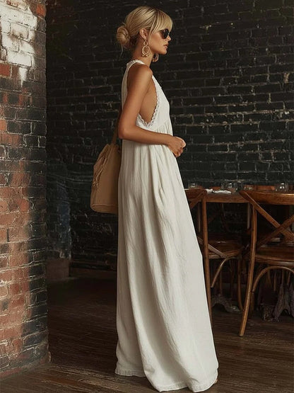 Elegant And Comfortable Lace-trimmed Loose Linen Jumpsuit