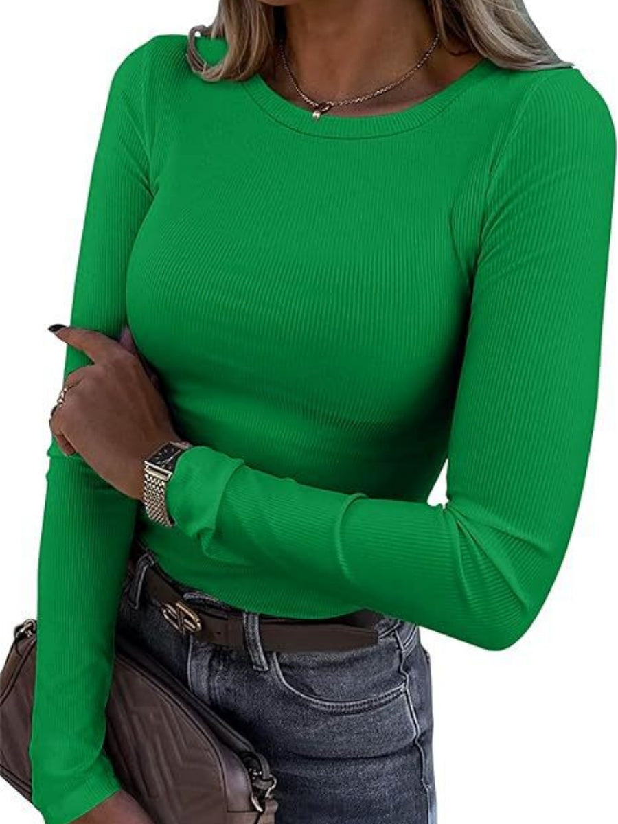 Pit Strip Long Sleeve Elastic Crew Neck Ribbed Slim Fit Basic T-shirts
