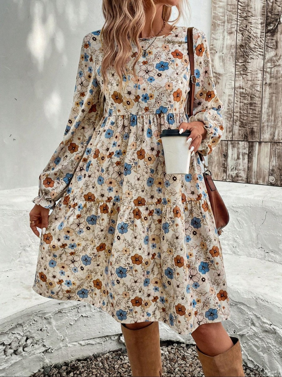 Floral Puff Sleeve Tie-waist Short Dress
