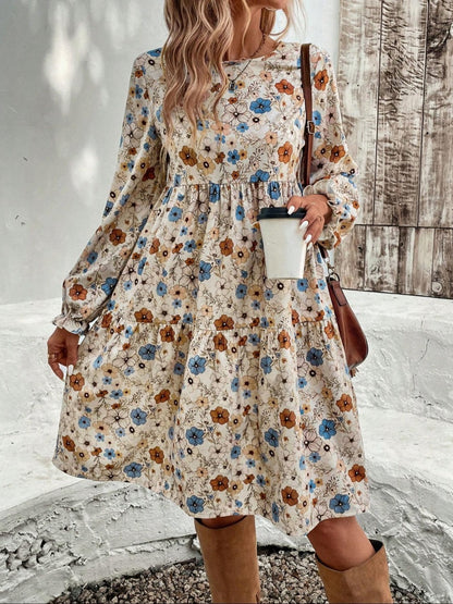 Floral Puff Sleeve Tie-waist Short Dress