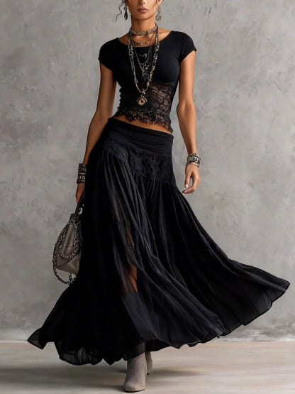 Gray Knit Top And Chiffon Long Skirt Set, Flowy Two-piece Set