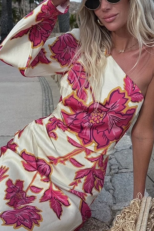 Margovil One Shoulder Long Sleeve Floral Print Maxi Dress