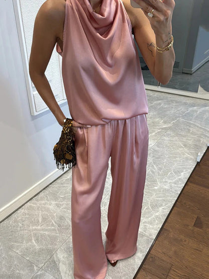 Swing Collar Sleeveless Top Straight-leg Trousers Set 2-piece Sets