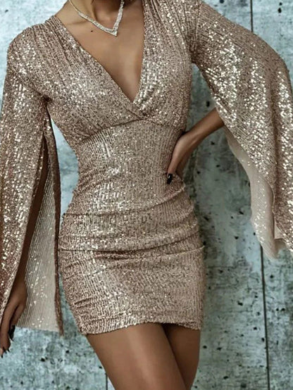 V-neck Bodycon Short Dress With Asymmetrical Hem And Sequins