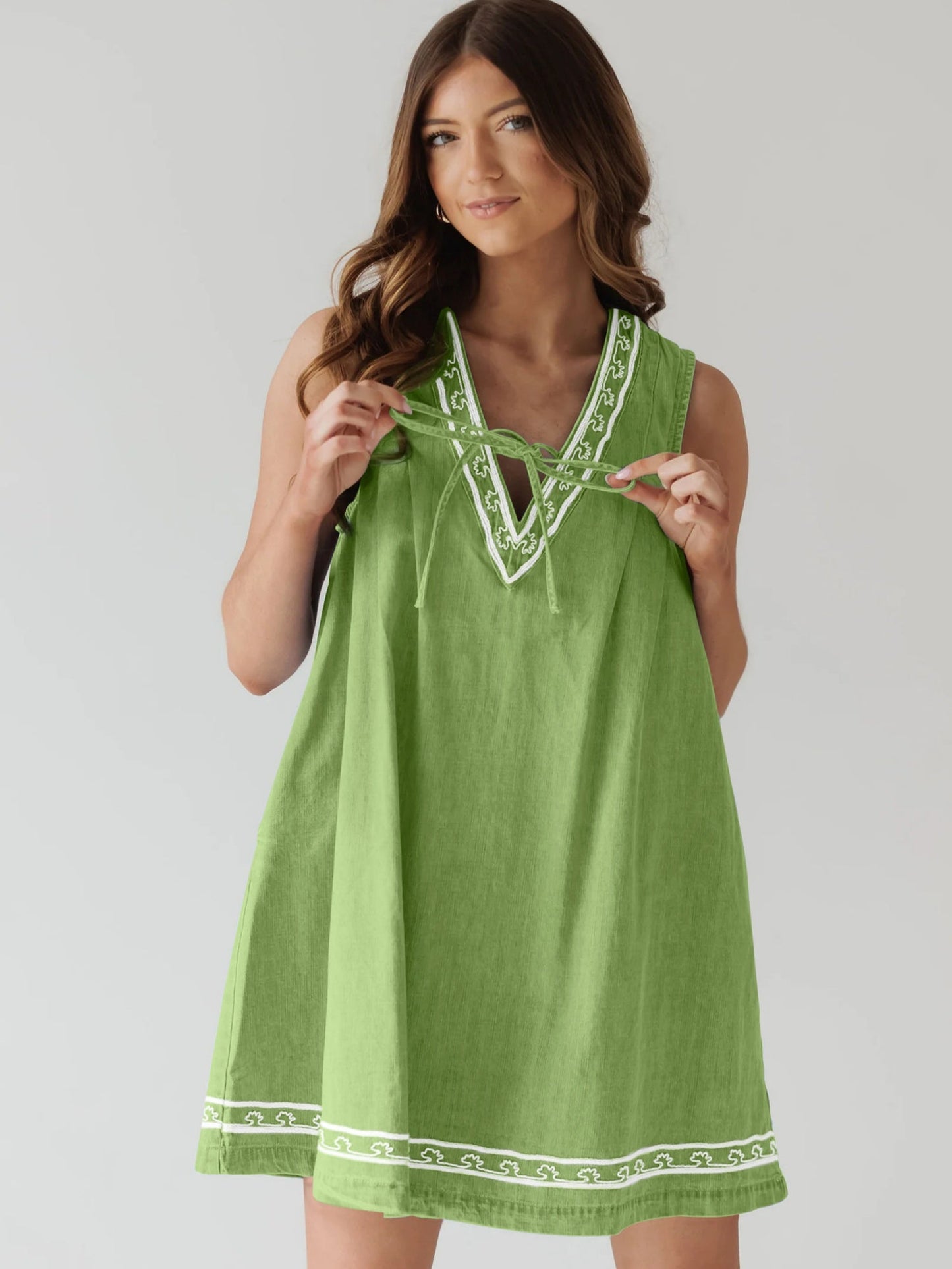 Denim Embroidery Openwork Tie V-neck Sleeveless Mini&Short Dresses