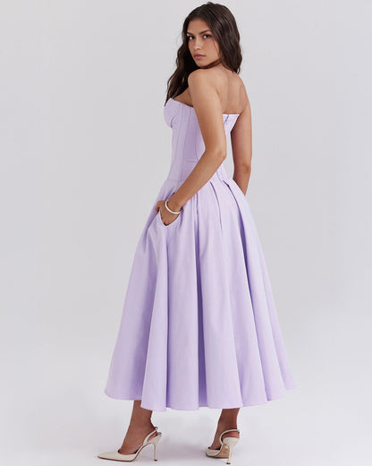 Strapless Corset Plunging Sweetheart Neck Pleated Full Skirt Pocket Midi Dress