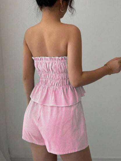 Strapless Striped Ruffled Crop Top And Elastic Waist Shorts Two-piece Set