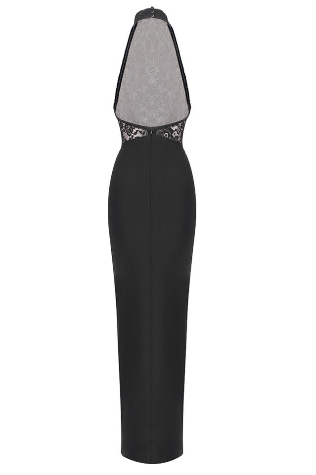 Floral Lace Halter High Neck Ruched Waist Column Maxi Gown