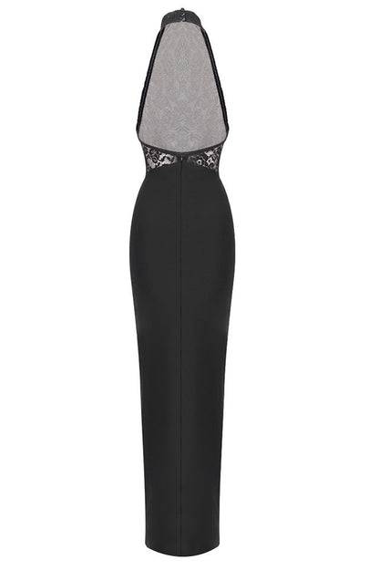 Floral Lace Halter High Neck Ruched Waist Column Maxi Gown