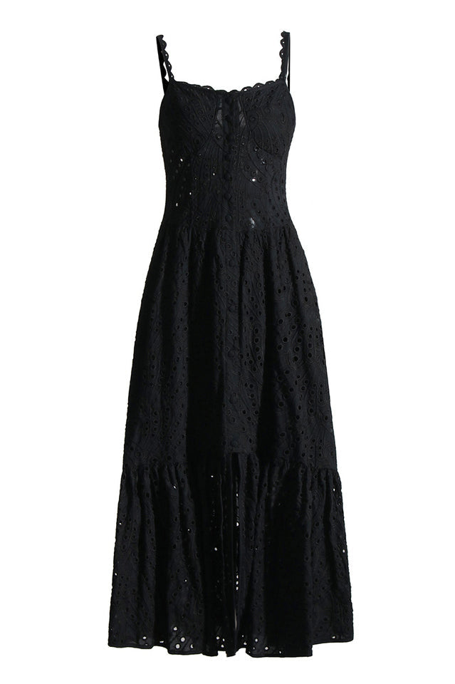 Eyelet Embroidery Spaghetti Strap Smocked Tiered Ruffle Hem Maxi Dress