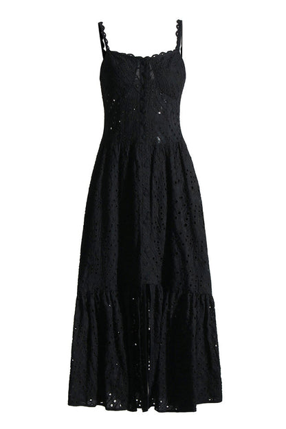Eyelet Embroidery Spaghetti Strap Smocked Tiered Ruffle Hem Maxi Dress