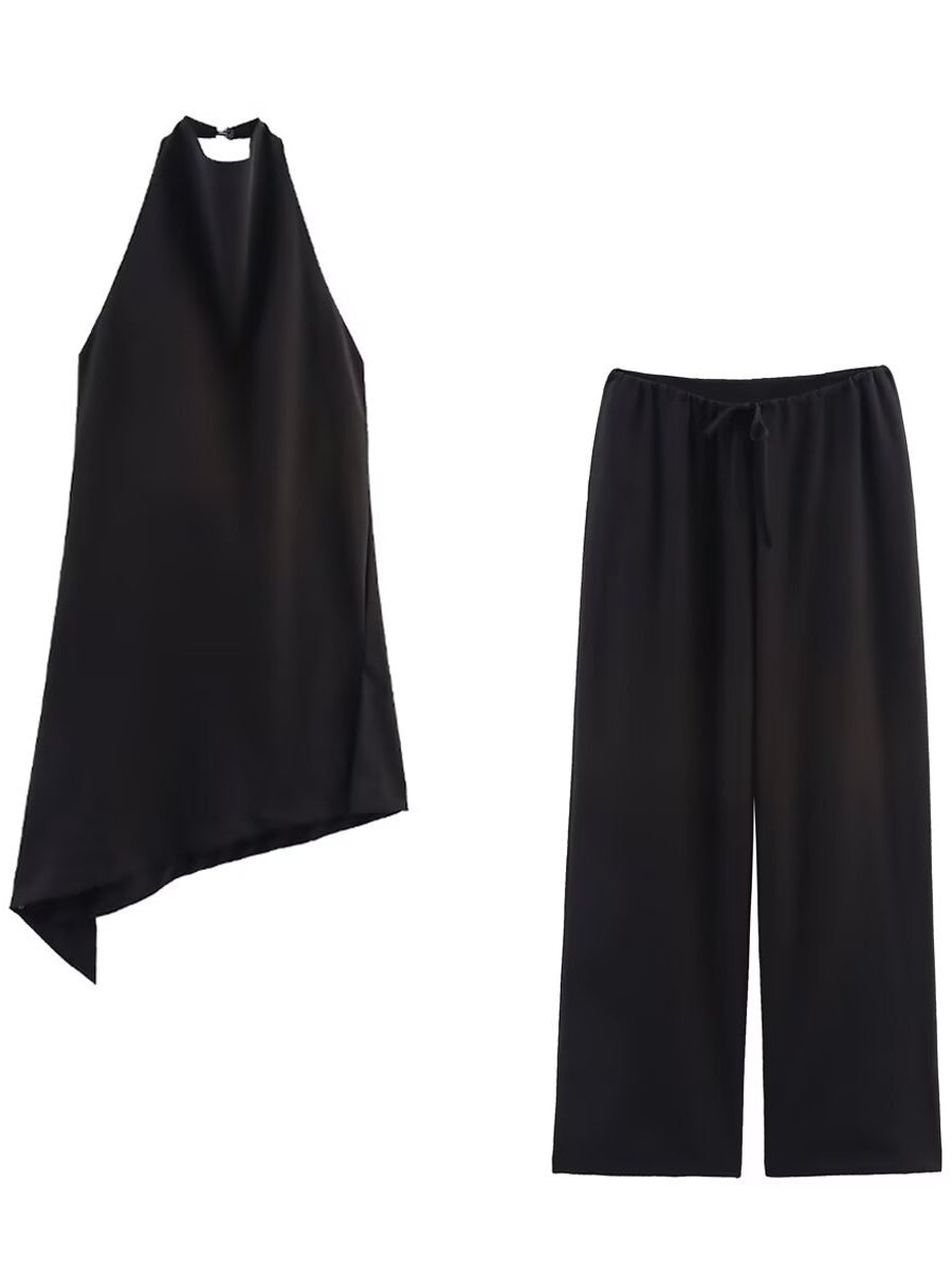 Halter Asymmetrical Jacket Wide-leg Trousers Commuting Set 2-piece Sets