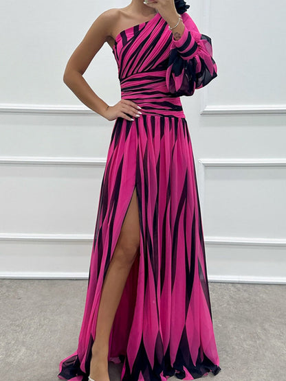 Color-blocked Printed Sloping Shoulders Slit Formal Dress Maxi Dresses